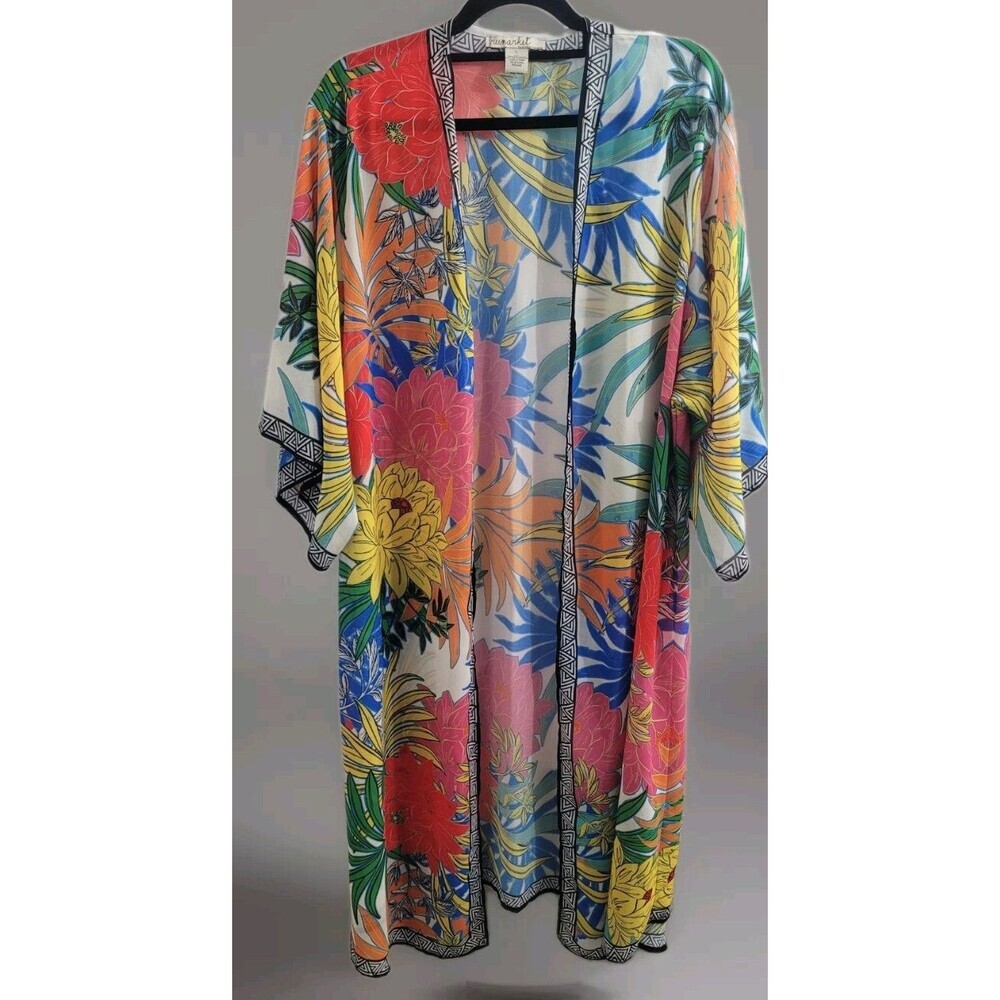 Free Market Tropical Floral Print Kimono Duster Cardigan Size L Vibrant Beach